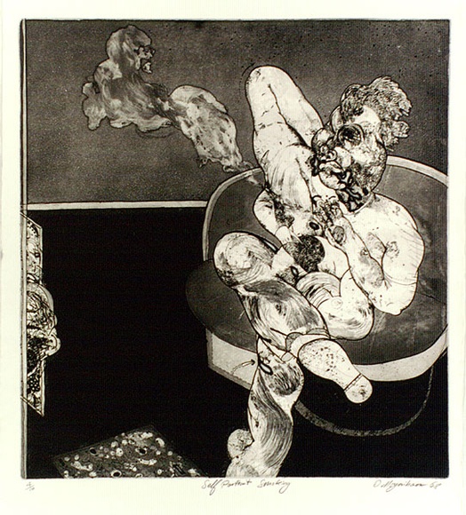 Artist: MOYNIHAN, Danny | Title: Self Portrait Smoking | Date: c.1968 | Technique: etching, printed in black ink, from one plate Artist: MOYNIHAN, Danny | Title: Self Portrait Smoking | Date: c.1968 | Technique: etching, printed in black ink, from one plate