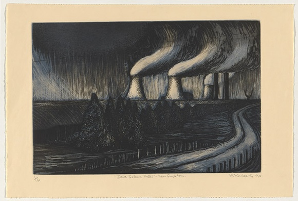 Artist: b'Vickers, Rose.' | Title: b'Dark satanic mills - near Singleton' | Date: 1990 | Technique: b'etching and aquatint, printed in blue and black inks, from two plates' Artist: b'Vickers, Rose.' | Title: b'Dark satanic mills - near Singleton' | Date: 1990 | Technique: b'etching and aquatint, printed in blue and black inks, from two plates'