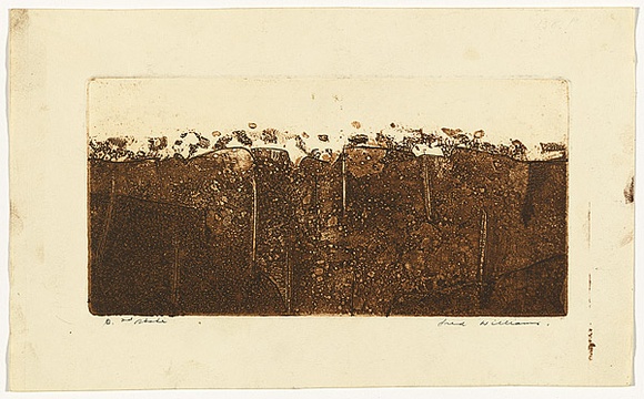 Artist: b'WILLIAMS, Fred' | Title: b'Sandstone hill. Number 1' | Date: 1961 | Technique: b'colour aquatint, engraving, drypoint, printed in brown ink, from one copper plate' | Copyright: b'\xc2\xa9 Fred Williams Estate' Artist: b'WILLIAMS, Fred' | Title: b'Sandstone hill. Number 1' | Date: 1961 | Technique: b'colour aquatint, engraving, drypoint, printed in brown ink, from one copper plate' | Copyright: b'\xc2\xa9 Fred Williams Estate'