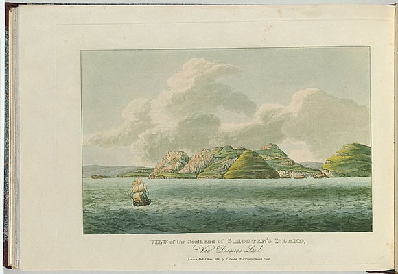 Artist: b'Lycett, Joseph.' | Title: bView of the South End of Schouten's Island, Van Diemen's Land. | Date: 1825 | Technique: b'etching and aquatint, printed in black ink, from one copper plate; hand-coloured' Artist: b'Lycett, Joseph.' | Title: bView of the South End of Schouten's Island, Van Diemen's Land. | Date: 1825 | Technique: b'etching and aquatint, printed in black ink, from one copper plate; hand-coloured'
