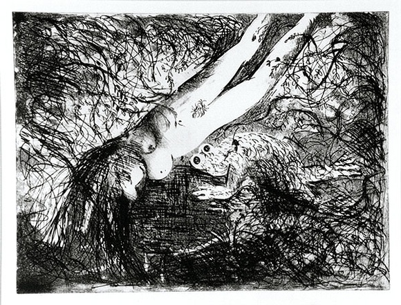 Artist: b'BOYD, Arthur' | Title: b'Diving nude and frog over a dark pond.' | Date: 1962-63 | Technique: b'etching and aquatint, printed in black ink, from one plate' | Copyright: b'Reproduced with permission of Bundanon Trust' Artist: b'BOYD, Arthur' | Title: b'Diving nude and frog over a dark pond.' | Date: 1962-63 | Technique: b'etching and aquatint, printed in black ink, from one plate' | Copyright: b'Reproduced with permission of Bundanon Trust'