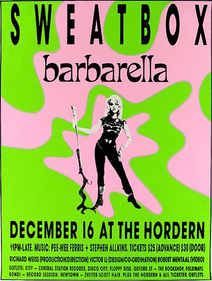 Artist: b'VARIOUS' | Title: b'Sweatbox. Barbarella. Hordern [small version]' | Date: 1989 | Technique: b'screenprint, printed in colour, from multiple stencils'