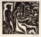 Artist: b'Hawkins, Weaver.' | Title: b'(Three men with a pair of scales)' | Date: c.1930 | Technique: b'wood-engraving, printed in black ink, from one block' | Copyright: b'The Estate of H.F Weaver Hawkins'