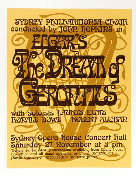 Artist: b'PHILLIPS, Peter' | Title: bElgar's The dream of Gerontius...Opera House Concert Hall | Date: 1976 | Technique: b'screenprint, printed in colour, from two stencils' Artist: b'PHILLIPS, Peter' | Title: bElgar's The dream of Gerontius...Opera House Concert Hall | Date: 1976 | Technique: b'screenprint, printed in colour, from two stencils'