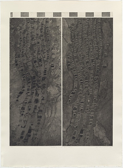 Artist: b'MADDOCK, Bea' | Title: b'Hanging Tracks Three Four' | Date: 1975 | Technique: b'etchuing, aquatint, photo-etching, printed in black ink, from three plates' Artist: b'MADDOCK, Bea' | Title: b'Hanging Tracks Three Four' | Date: 1975 | Technique: b'etchuing, aquatint, photo-etching, printed in black ink, from three plates'