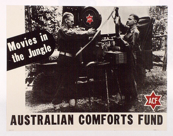 Artist: b'UNKNOWN' | Title: b'Movies in the jungle: Australian Comforts Fund.' | Date: c.1942 | Technique: b'photo-lithograph, printed in colour, from multiple plates' Artist: b'UNKNOWN' | Title: b'Movies in the jungle: Australian Comforts Fund.' | Date: c.1942 | Technique: b'photo-lithograph, printed in colour, from multiple plates'