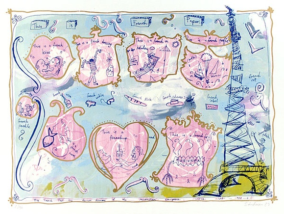 Artist: b'Anderson, Sue.' | Title: b'The French Test' | Date: 1987 | Technique: b'screenprint, printed in colour, from multiple stencils; with addition of gold felt tip pen'
