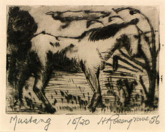 Artist: b'ROSENGRAVE, Harry' | Title: b'Mustang' | Date: 1956 | Technique: b'drypoint, printed in black ink with plate-tone, from one plate' Artist: b'ROSENGRAVE, Harry' | Title: b'Mustang' | Date: 1956 | Technique: b'drypoint, printed in black ink with plate-tone, from one plate'