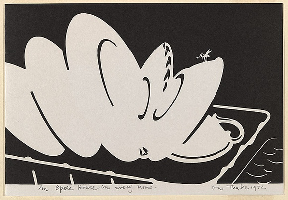 Artist: b'Thake, Eric.' | Title: b'Greeting card: Christmas - An Opera House in every home' | Date: 1972 | Technique: b'linocut, printed in black ink, from one block' Artist: b'Thake, Eric.' | Title: b'Greeting card: Christmas - An Opera House in every home' | Date: 1972 | Technique: b'linocut, printed in black ink, from one block'