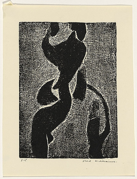 Artist: b'WILLIAMS, Fred' | Title: b'Standing figure' | Date: 1958 | Technique: b'etching, foul biting, engraving, drypoint, printed in black ink, from one plate' | Copyright: b'\xc2\xa9 Fred Williams Estate' Artist: b'WILLIAMS, Fred' | Title: b'Standing figure' | Date: 1958 | Technique: b'etching, foul biting, engraving, drypoint, printed in black ink, from one plate' | Copyright: b'\xc2\xa9 Fred Williams Estate'