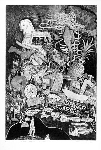 Artist: b'McBurnie, Ron.' | Title: b'Big Deal' | Date: 1990 | Technique: b'etching, and aquatint, printed in black ink, from one zinc plate' | Copyright: b'\xc2\xa9 Ron McBurnie' Artist: b'McBurnie, Ron.' | Title: b'Big Deal' | Date: 1990 | Technique: b'etching, and aquatint, printed in black ink, from one zinc plate' | Copyright: b'\xc2\xa9 Ron McBurnie'