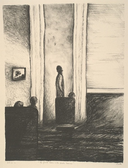 Artist: b'Trenfield, Wells.' | Title: b'The quiet room with Ainslie Reaves' | Date: 1980s | Technique: b'lithograph, printed in black ink, from one stone' Artist: b'Trenfield, Wells.' | Title: b'The quiet room with Ainslie Reaves' | Date: 1980s | Technique: b'lithograph, printed in black ink, from one stone'
