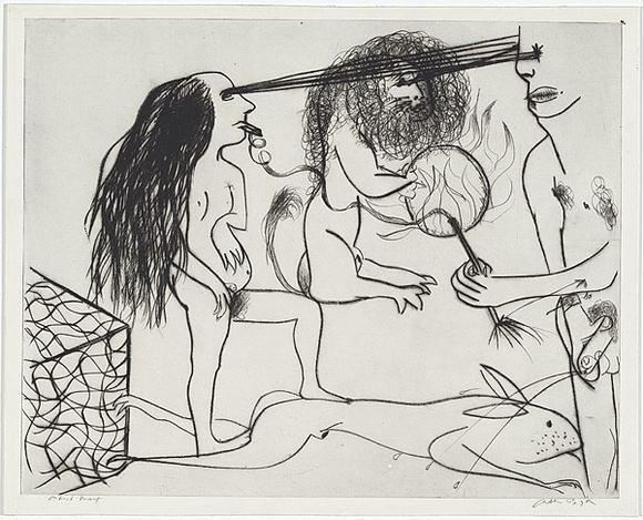 Artist: b'BOYD, Arthur' | Title: b'Nude figures with lion (lion tamer).' | Date: (1968-69) | Technique: b'drypoint, printed in black ink, from one plate' | Copyright: b'Reproduced with permission of Bundanon Trust' Artist: b'BOYD, Arthur' | Title: b'Nude figures with lion (lion tamer).' | Date: (1968-69) | Technique: b'drypoint, printed in black ink, from one plate' | Copyright: b'Reproduced with permission of Bundanon Trust'