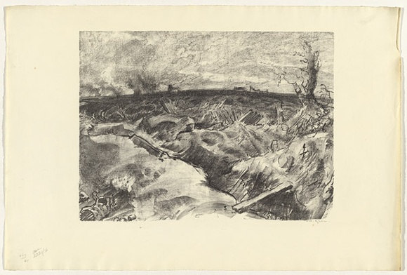 Artist: b'Dyson, Will.' | Title: b'Messines, morning of the offensive.' | Date: 1918 | Technique: b'lithograph, printed in black ink, from one stone' Artist: b'Dyson, Will.' | Title: b'Messines, morning of the offensive.' | Date: 1918 | Technique: b'lithograph, printed in black ink, from one stone'