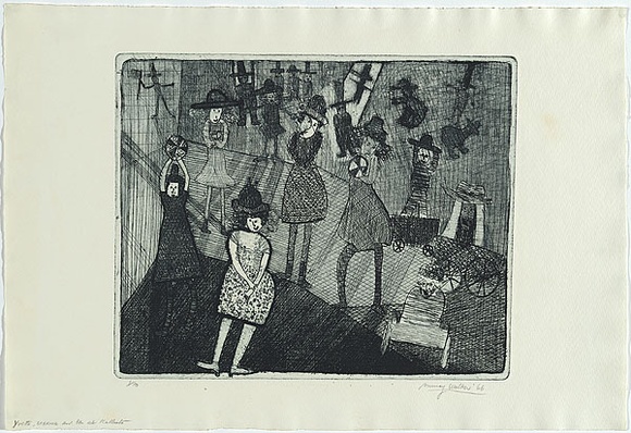 Artist: b'WALKER, Murray' | Title: b'Yvette, Sabrina and Ben at Kallista.' | Date: 1966 | Technique: b'etching, printed in blue-black ink, from one plate' Artist: b'WALKER, Murray' | Title: b'Yvette, Sabrina and Ben at Kallista.' | Date: 1966 | Technique: b'etching, printed in blue-black ink, from one plate'