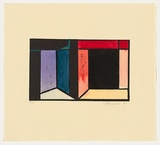 Artist: Russell, Julie. | Title: not titled [two doorways] | Date: 1981 | Technique: linocut, printed in black ink, from one block; hand-coloured with watercolour