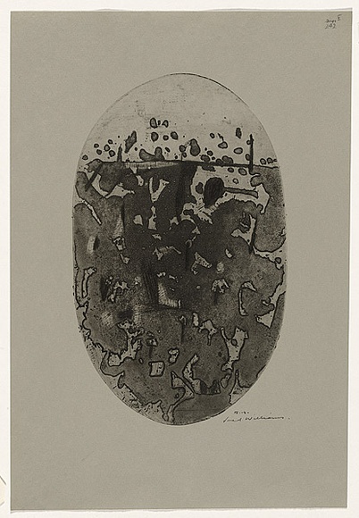 Artist: b'WILLIAMS, Fred' | Title: b'Oval landscape' | Date: 1965-66 | Technique: b'sugar aquatint, engraving and drypoint, printed in black ink, from one zinc plate' | Copyright: b'\xc2\xa9 Fred Williams Estate' Artist: b'WILLIAMS, Fred' | Title: b'Oval landscape' | Date: 1965-66 | Technique: b'sugar aquatint, engraving and drypoint, printed in black ink, from one zinc plate' | Copyright: b'\xc2\xa9 Fred Williams Estate'