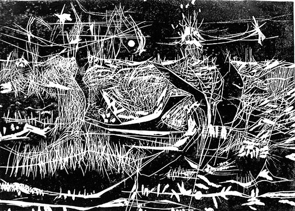 Artist: b'GLEGHORN, Tom.' | Title: b'The broken sea' | Date: 1961 | Technique: b'woodcut, printed in black ink, from one masonite block' | Copyright: b'\xc2\xa9 Thomas Gleghorn' Artist: b'GLEGHORN, Tom.' | Title: b'The broken sea' | Date: 1961 | Technique: b'woodcut, printed in black ink, from one masonite block' | Copyright: b'\xc2\xa9 Thomas Gleghorn'