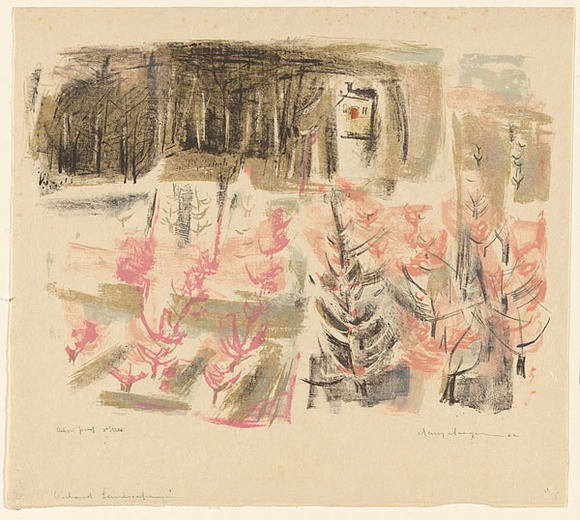 Artist: b'MACQUEEN, Mary' | Title: b'Orchard landscape' | Date: 1962 | Technique: b'lithograph, printed in colour, from multiple plates' | Copyright: b'Courtesy Paulette Calhoun, for the estate of Mary Macqueen' Artist: b'MACQUEEN, Mary' | Title: b'Orchard landscape' | Date: 1962 | Technique: b'lithograph, printed in colour, from multiple plates' | Copyright: b'Courtesy Paulette Calhoun, for the estate of Mary Macqueen'