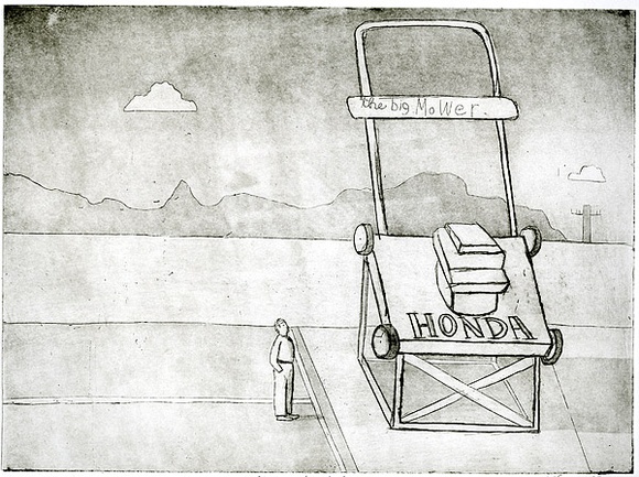 Artist: b'McKenna, Noel.' | Title: b'Big mower, Beerwah, Qld' | Date: 2003 | Technique: b'etching, printed in black ink, from one plate' | Copyright: b'\xc2\xa9 Noel McKenna' Artist: b'McKenna, Noel.' | Title: b'Big mower, Beerwah, Qld' | Date: 2003 | Technique: b'etching, printed in black ink, from one plate' | Copyright: b'\xc2\xa9 Noel McKenna'