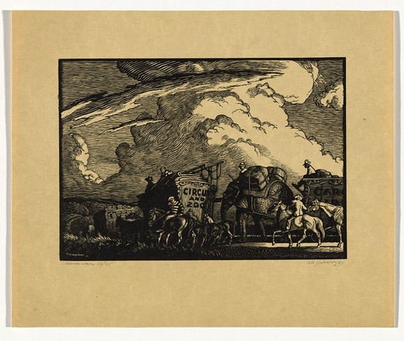 Artist: b'Mahoney, Will.' | Title: b'Caravans' | Date: 1931 | Technique: b'wood-engraving, printed in black ink, from one block' Artist: b'Mahoney, Will.' | Title: b'Caravans' | Date: 1931 | Technique: b'wood-engraving, printed in black ink, from one block'