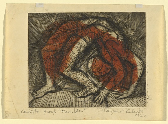 Artist: b'Cilento, Margaret.' | Title: b'Tumbler.' | Date: 1947 | Technique: b'engraving, printed in black ink, from one plate; colour applied by stencil' Artist: b'Cilento, Margaret.' | Title: b'Tumbler.' | Date: 1947 | Technique: b'engraving, printed in black ink, from one plate; colour applied by stencil'