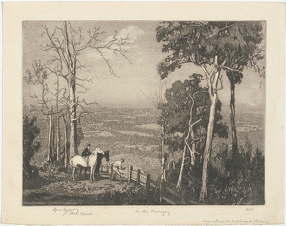 Artist: b'LINDSAY, Lionel' | Title: b'On the Kurrajong' | Date: 1932 | Technique: b'aquatint, softground etching, roulette and etching, printed in black ink, from one plate' | Copyright: b'Courtesy of the National Library of Australia' Artist: b'LINDSAY, Lionel' | Title: b'On the Kurrajong' | Date: 1932 | Technique: b'aquatint, softground etching, roulette and etching, printed in black ink, from one plate' | Copyright: b'Courtesy of the National Library of Australia'