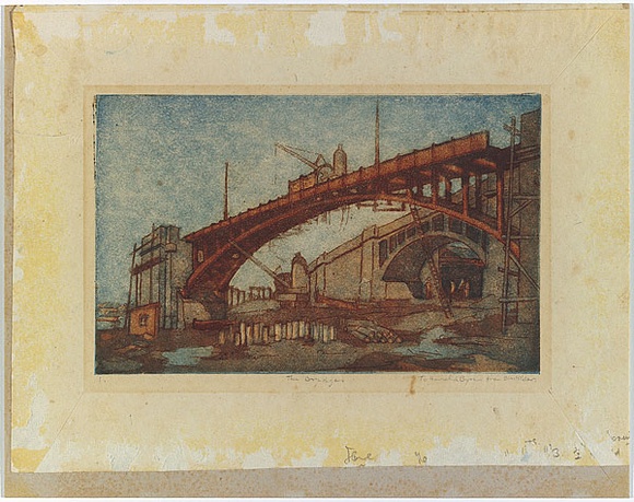 Artist: b'Hilder, Bim.' | Title: b'Northern bridge approach.' | Date: (1931) | Technique: b'etching and aquatint, printed in colour, from three plates' Artist: b'Hilder, Bim.' | Title: b'Northern bridge approach.' | Date: (1931) | Technique: b'etching and aquatint, printed in colour, from three plates'