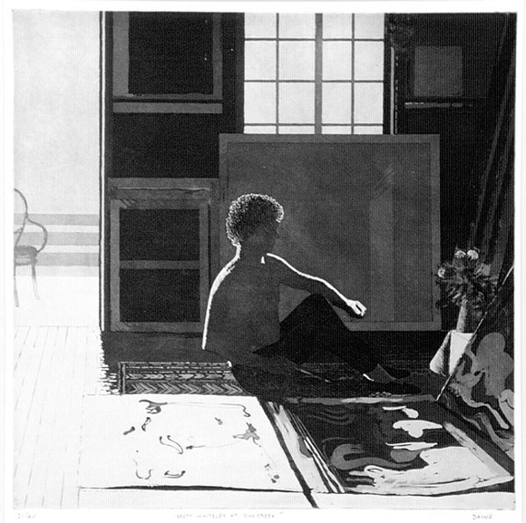 Artist: b'Daws, Lawrence.' | Title: bBrett Whiteley at 'Owl Creek'. | Date: 1978 | Technique: b'etching and aquatint, printed in black ink, from one plate' | Copyright: b'\xc2\xa9 Lawrence Daws' Artist: b'Daws, Lawrence.' | Title: bBrett Whiteley at 'Owl Creek'. | Date: 1978 | Technique: b'etching and aquatint, printed in black ink, from one plate' | Copyright: b'\xc2\xa9 Lawrence Daws'