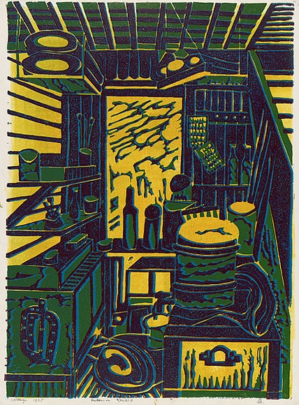 Artist: b'MEYER, Bill' | Title: b'Interior, studio' | Date: 1968 | Technique: b'linocut, printed in four colours, by reduction block process' | Copyright: b'\xc2\xa9 Bill Meyer' Artist: b'MEYER, Bill' | Title: b'Interior, studio' | Date: 1968 | Technique: b'linocut, printed in four colours, by reduction block process' | Copyright: b'\xc2\xa9 Bill Meyer'