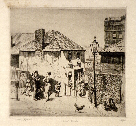 Artist: b'LINDSAY, Lionel' | Title: bThe Sailor's return, from the rear | Date: 1925 | Technique: b'etching, printed in black ink with plate-tone, from one plate' | Copyright: b'Courtesy of the National Library of Australia' Artist: b'LINDSAY, Lionel' | Title: bThe Sailor's return, from the rear | Date: 1925 | Technique: b'etching, printed in black ink with plate-tone, from one plate' | Copyright: b'Courtesy of the National Library of Australia'