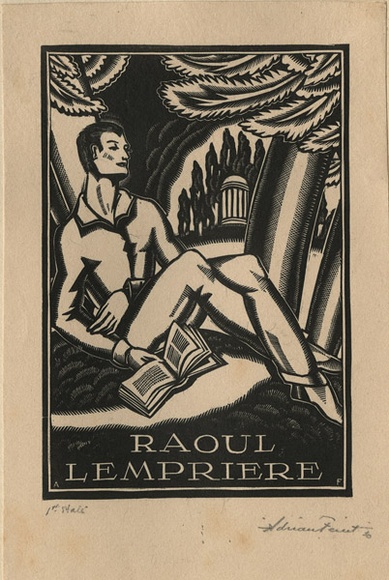 Artist: b'FEINT, Adrian' | Title: b'Bookplate: Raoul Lempriere.' | Date: 1930 | Technique: b'wood-engraving, printed in black ink, from one block' | Copyright: b'Courtesy the Estate of Adrian Feint' Artist: b'FEINT, Adrian' | Title: b'Bookplate: Raoul Lempriere.' | Date: 1930 | Technique: b'wood-engraving, printed in black ink, from one block' | Copyright: b'Courtesy the Estate of Adrian Feint'