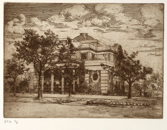 Artist: b'Stockfeld, R.H.' | Title: b'First church, Christ scientist' | Date: c.1935 | Technique: b'etching, printed in sepia ink, from one plate' Artist: b'Stockfeld, R.H.' | Title: b'First church, Christ scientist' | Date: c.1935 | Technique: b'etching, printed in sepia ink, from one plate'