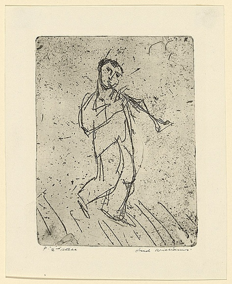 Artist: b'WILLIAMS, Fred' | Title: b'The trumpeter' | Date: 1955-56 | Technique: b'etching and foul biting, printed in black ink, from one copper plate' | Copyright: b'\xc2\xa9 Fred Williams Estate' Artist: b'WILLIAMS, Fred' | Title: b'The trumpeter' | Date: 1955-56 | Technique: b'etching and foul biting, printed in black ink, from one copper plate' | Copyright: b'\xc2\xa9 Fred Williams Estate'