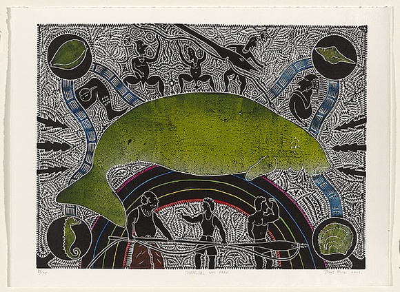 Artist: b'Missy, Billy.' | Title: b'Dhangal um araik.' | Date: 2000 | Technique: b'linocut, printed in black ink, from one block; hand coloured using a la coupe technique [wet on wet] with additional watercolour penciling'