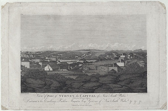 Title: bView of part of Sydney, the capital of New South Wales. Taken from Dawes's Point. | Date: 1812 | Technique: b'engraving, printed in black ink, from one copper plate' Title: bView of part of Sydney, the capital of New South Wales. Taken from Dawes's Point. | Date: 1812 | Technique: b'engraving, printed in black ink, from one copper plate'
