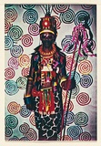 Artist: McDiarmid, David. | Title: not titled [Afro-American with skull spear]: postcard from the series Urban Tribalwear. | Date: (1980) | Technique: photocopy, printed in colour | Copyright: Courtesy of copyright owner, Merlene Gibson (sister)