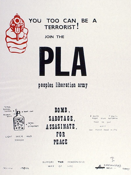 Artist: b'LITTLE, Colin' | Title: b'You too can be a terrorist! Join the PLA Peoples Liberation Army' | Date: 1972 | Technique: b'screenprint, printed in colour, from two stencils' Artist: b'LITTLE, Colin' | Title: b'You too can be a terrorist! Join the PLA Peoples Liberation Army' | Date: 1972 | Technique: b'screenprint, printed in colour, from two stencils'