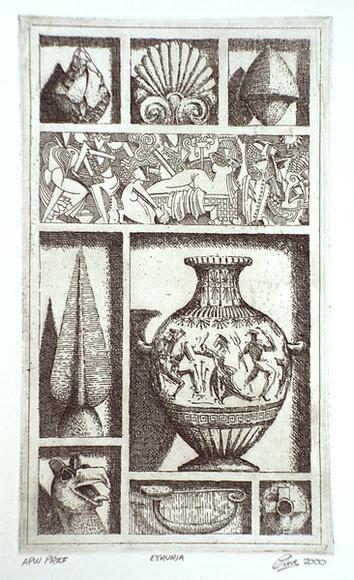 Artist: b'Dickson, Clive.' | Title: b'Etruria' | Date: 2000, September | Technique: b'etching, printed in black ink, from one plate' Artist: b'Dickson, Clive.' | Title: b'Etruria' | Date: 2000, September | Technique: b'etching, printed in black ink, from one plate'