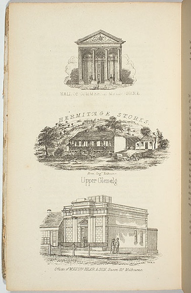 Artist: b'Ham Brothers.' | Title: b'Hall of Commerce, Melbourne, Hermitage stores, Upper Glenelg and Offices of Mess.rs Bear & Son, Queen st Melbourne.' | Date: 1851 | Technique: b'engraving, printed in black ink, from multiple plates' Artist: b'Ham Brothers.' | Title: b'Hall of Commerce, Melbourne, Hermitage stores, Upper Glenelg and Offices of Mess.rs Bear & Son, Queen st Melbourne.' | Date: 1851 | Technique: b'engraving, printed in black ink, from multiple plates'