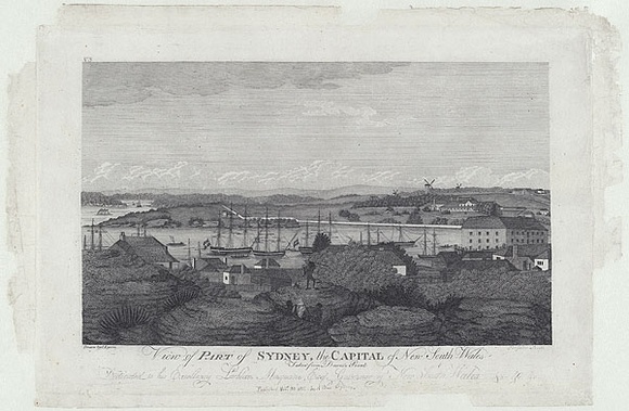Title: bView of part of Sydney, the capital of New South Wales. Taken from Dawes's Point.* | Date: 30 November 1812 | Technique: b'engraving, printed in black ink, from one copper plate'