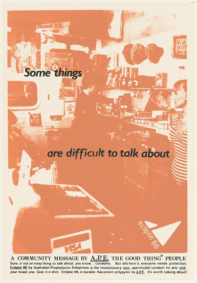 Artist: b'UNKNOWN' | Title: b'Some things are difficult to talk about' | Date: 1988 | Technique: b'screenprint, printed in colour, from multiple stencils' Artist: b'UNKNOWN' | Title: b'Some things are difficult to talk about' | Date: 1988 | Technique: b'screenprint, printed in colour, from multiple stencils'