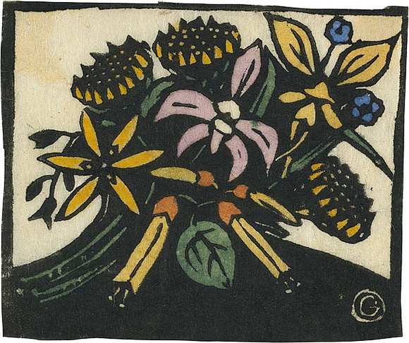 Artist: b'Reynell, Gladys' | Title: b'(Native flowers).' | Date: 1923-1933 | Technique: b'linocut, printed in black ink, from one block; hand-coloured' | Copyright: b'\xc2\xa9 The Estate of Gladys Reynell' Artist: b'Reynell, Gladys' | Title: b'(Native flowers).' | Date: 1923-1933 | Technique: b'linocut, printed in black ink, from one block; hand-coloured' | Copyright: b'\xc2\xa9 The Estate of Gladys Reynell'