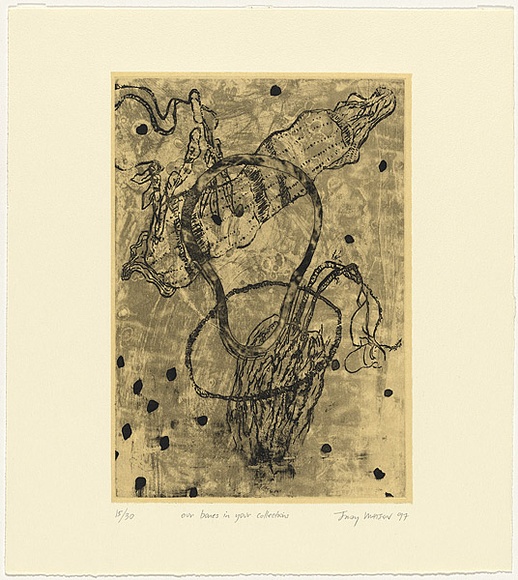 Artist: b'Watson, Judy.' | Title: b'our bones in your collections.' | Date: 1997 | Technique: b'lithograph, printed in black ink, from one stone' | Copyright: b'\xc2\xa9 Judy Watson. Licensed by VISCOPY, Australia' Artist: b'Watson, Judy.' | Title: b'our bones in your collections.' | Date: 1997 | Technique: b'lithograph, printed in black ink, from one stone' | Copyright: b'\xc2\xa9 Judy Watson. Licensed by VISCOPY, Australia'