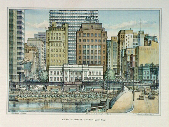 Artist: b'Freedman, Harold.' | Title: b'Customs House - Yarra River - Queens Bridge.' | Date: 1962 | Technique: b'lithograph, printed in black ink; hand-tinted' Artist: b'Freedman, Harold.' | Title: b'Customs House - Yarra River - Queens Bridge.' | Date: 1962 | Technique: b'lithograph, printed in black ink; hand-tinted'