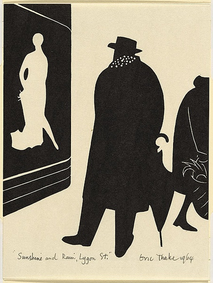 Artist: b'Thake, Eric.' | Title: b'Greeting card: Christmas (Sunshine and rain, Lygon Street)' | Date: 1964 | Technique: b'linocut, printed in black ink, from one block' Artist: b'Thake, Eric.' | Title: b'Greeting card: Christmas (Sunshine and rain, Lygon Street)' | Date: 1964 | Technique: b'linocut, printed in black ink, from one block'