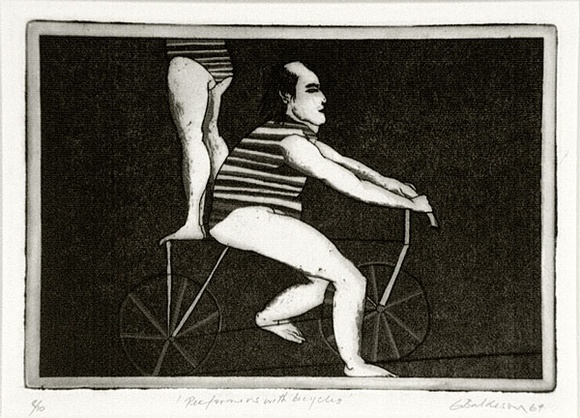 Artist: b'BALDESSIN, George' | Title: b'Performers with bicycles.' | Date: 1964 | Technique: b'etching and aquatint, printed in black ink, from one plate' Artist: b'BALDESSIN, George' | Title: b'Performers with bicycles.' | Date: 1964 | Technique: b'etching and aquatint, printed in black ink, from one plate'