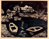 Artist: Adams, Tate. | Title: Irish fishing village. | Date: 1954 | Technique: linocut, printed in colour, from three blocks