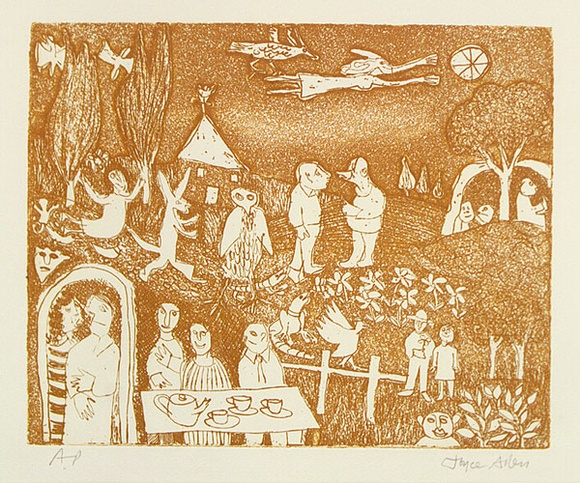 Artist: b'Allen, Joyce.' | Title: b'(Tea party).' | Date: 1980s | Technique: b'etching, aquatint printed in ochre from one plate' Artist: b'Allen, Joyce.' | Title: b'(Tea party).' | Date: 1980s | Technique: b'etching, aquatint printed in ochre from one plate'