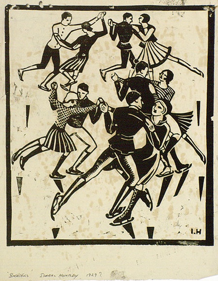 Artist: b'Huntley, Isabel.' | Title: b'Skaters' | Date: 1929 | Technique: b'linocut, printed in black ink, from one block' | Copyright: b'\xc2\xa9 Estate of Isabel Huntley, Douglas Huntley' Artist: b'Huntley, Isabel.' | Title: b'Skaters' | Date: 1929 | Technique: b'linocut, printed in black ink, from one block' | Copyright: b'\xc2\xa9 Estate of Isabel Huntley, Douglas Huntley'